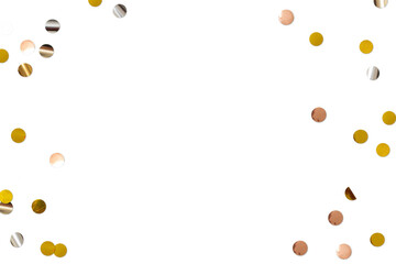 Golden silver metallic shiny tinsel or confetti flat lay, top view on transparend background png for decorations