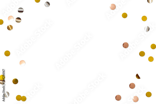 Golden silver metallic shiny tinsel or confetti flat lay, top view on transparend background png for decorations photo