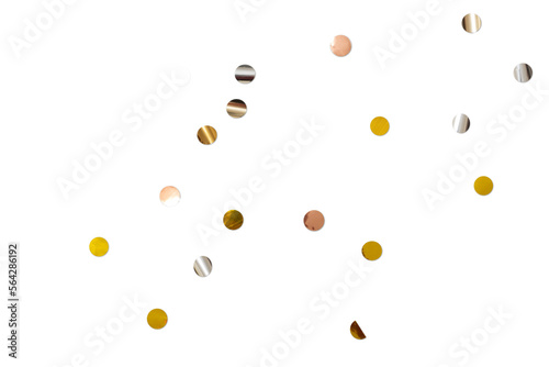 Golden silver metallic shiny tinsel or confetti flat lay, top view on transparend background png for decorations photo