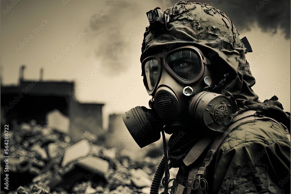 soldier wearing gasmask in a war zone soldier wearing gasmask in a war zone