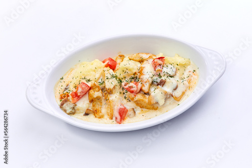 chicken with mashed potato on white