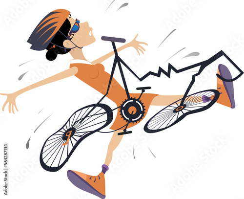 Cyclist woman falling down from the bicycle. 
Cyclist woman laying under the broken bicycle. Isolated on white background
