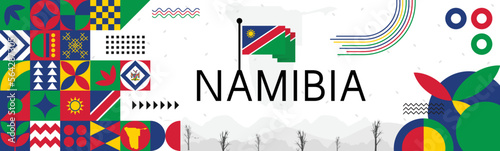 Namibia independence day Banner Design with name and map. Flag color themed Geometric abstract retro modern banner Design. Blue, Red, yellow and green color vector illustration template.