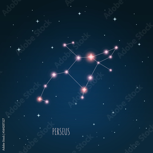 Constellation Perseus scheme in starry sky. Open space. Vector illustration, constellation  through a telescope