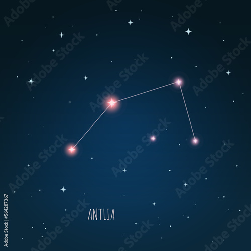 Constellation Antlia scheme in starry sky. Open space. Vector illustration, constellation  through a telescope