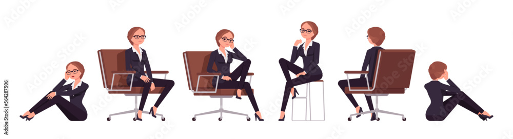 Attractive businesswoman set, different sitting poses. Office girl, female manager workwear chic jacket pants outfit for work occasion. Vector flat style cartoon character isolated, white background Attractive businesswoman set, different sitting poses. Office girl, female manager workwear chic jacket pants outfit for work occasion. Vector flat style cartoon character isolated, white background
