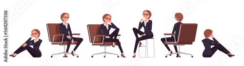 Attractive businesswoman set, different sitting poses. Office girl, female manager workwear chic jacket pants outfit for work occasion. Vector flat style cartoon character isolated, white background