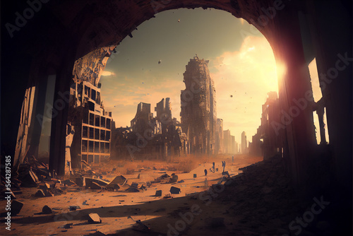 View of ruins of large city post-apocalyptic.
