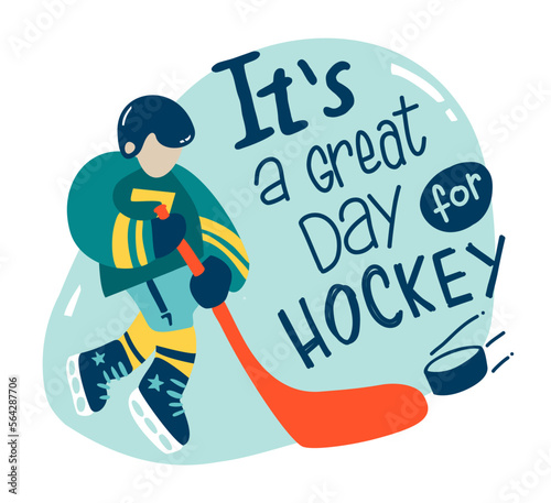 Flat Hockey Emblem with a goalie. Ice Hockey Label with motto and goalkeeper. Simple, doodle, cartoon, hand drawn