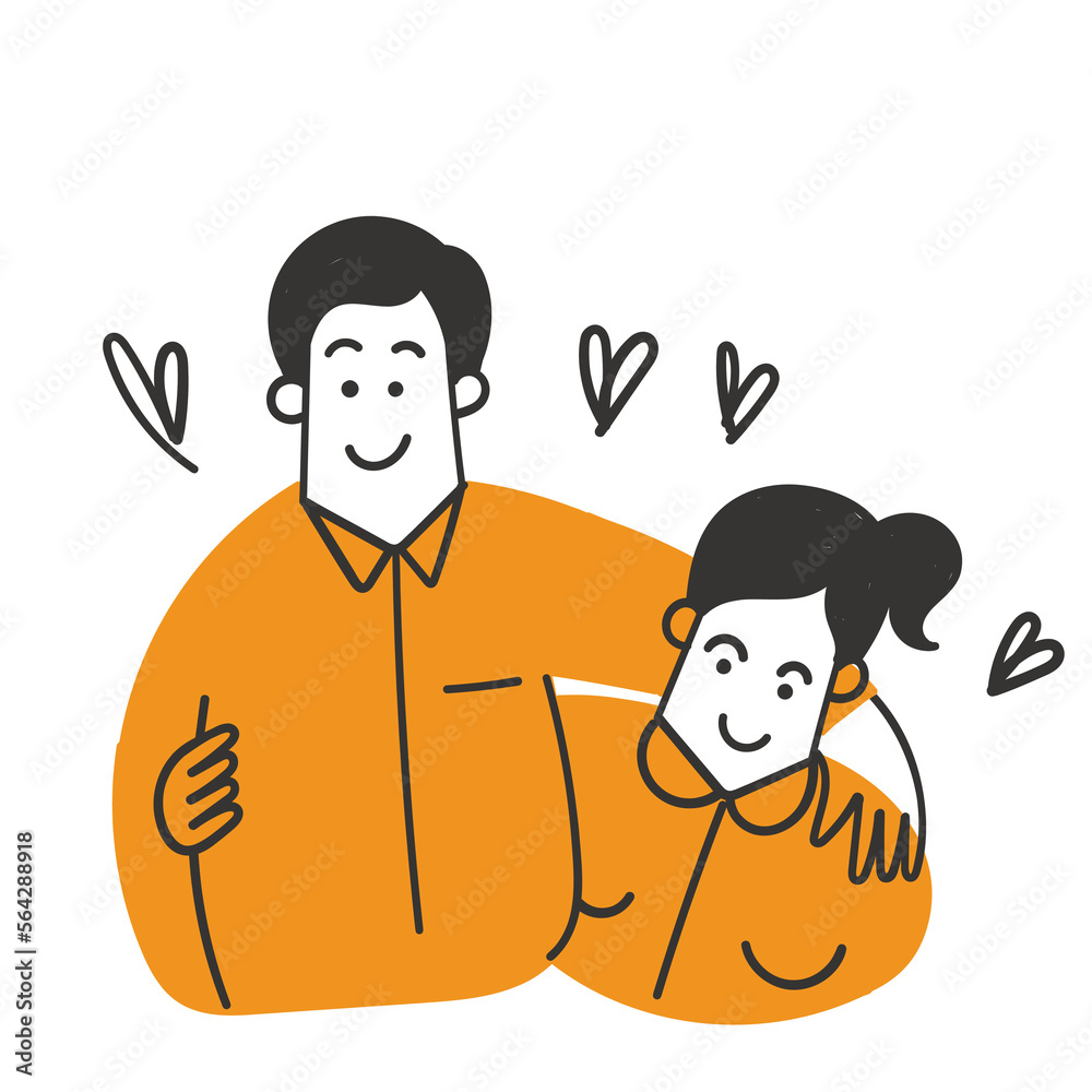 hand drawn doodle man and woman hug each other with love