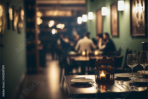 blurred restaurant background with some people eating and chefs and waiters working, generative ai.