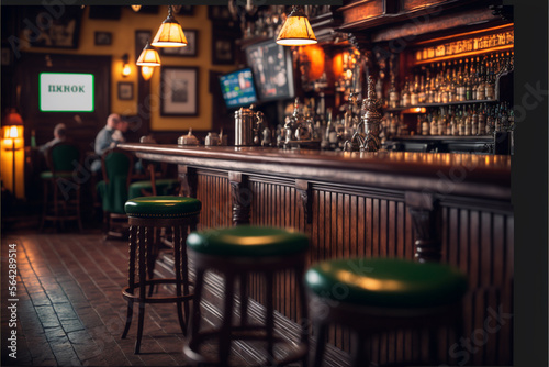 View of the interior of an Irish bar, blurred, with some people in the background, fictional, gernerative ai.