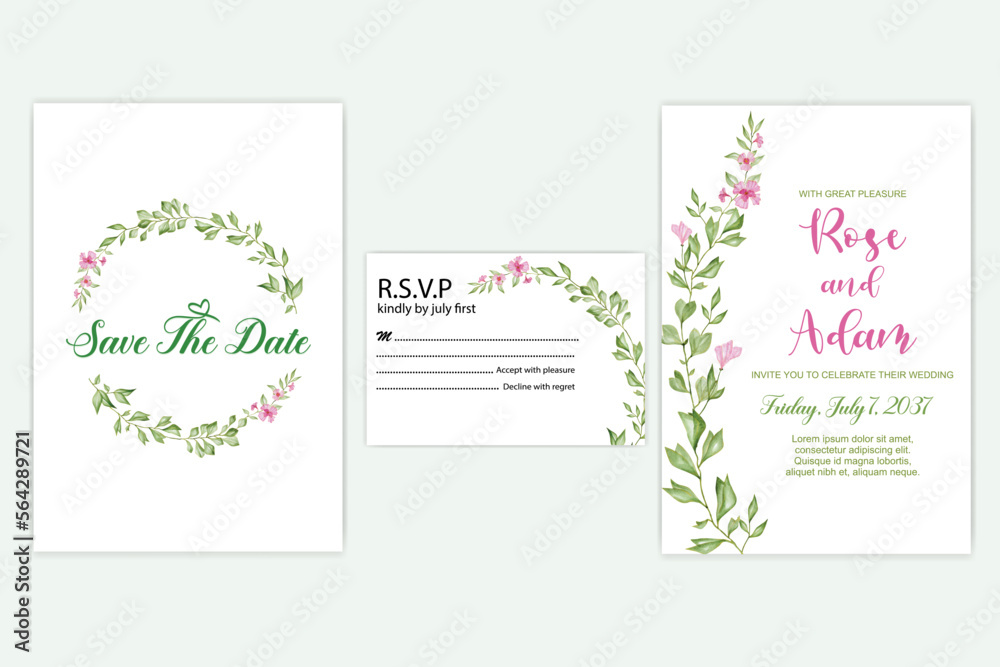 floral wedding invitation set, watercolor leaf. watercolor vector illustration