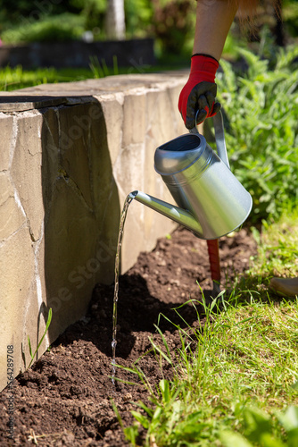 Watering can on garden, watering ground before planting flowers. Spring work in garden. Gardening concept, springtime.