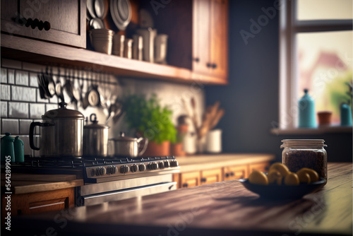 kitchen background at home, with full detail of utensils, generative ai.