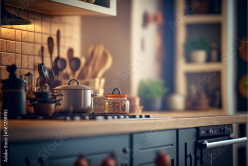 kitchen background at home, with full detail of utensils, generative ai.