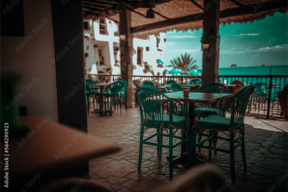 Beautiful beach restaurant's  terrace, bar table, and chairs outdoor, generative ai
