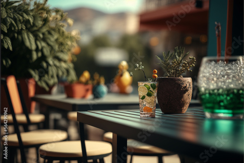 Fototapeta Naklejka Na Ścianę i Meble -  Beautiful restaurant's  terrace, bar table, and chairs outdoor, generative ai
