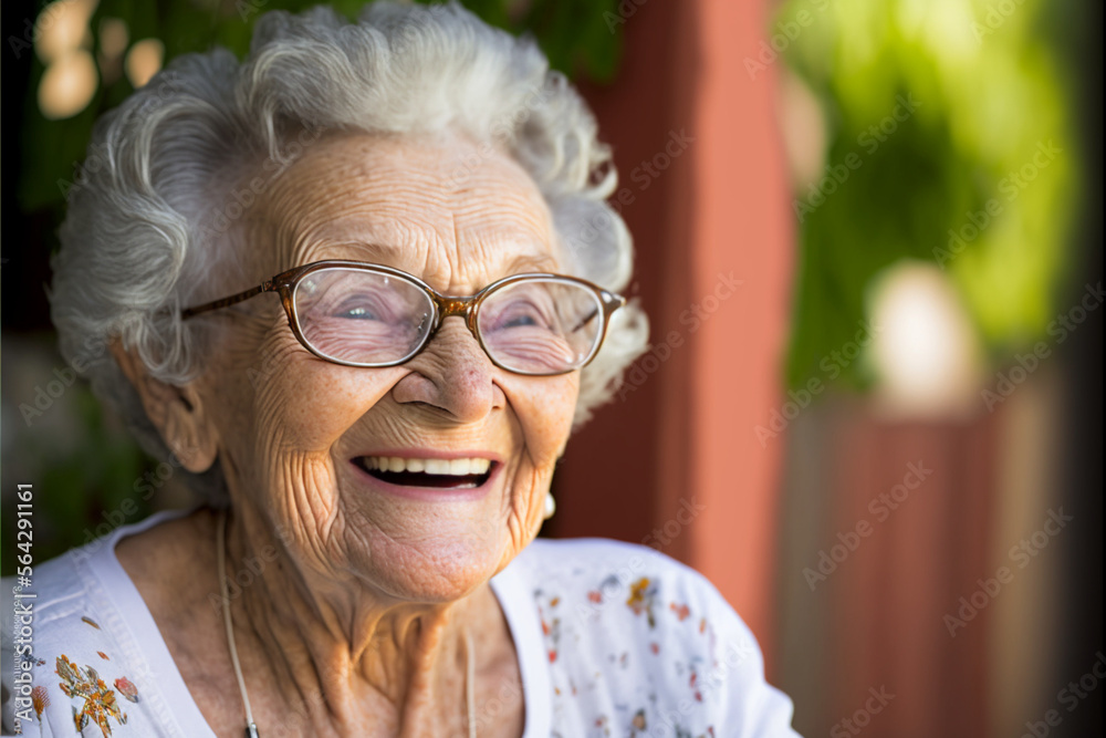 Fictional Person, smiling old senior woman wearing eyeglasses sitting outside her backyard outdoors Fictional Person, smiling old senior woman wearing eyeglasses sitting outside her backyard outdoors