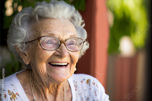 Fictional Person, smiling old senior woman wearing eyeglasses sitting outside her backyard outdoors 