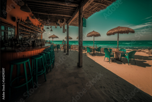 Beautiful beach restaurant s  terrace  bar table  and chairs outdoor  generative ai