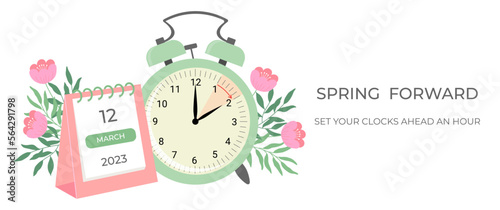 Daylight saving time concept banner. Spring forward time. Allarm clock with flowers and leaves.