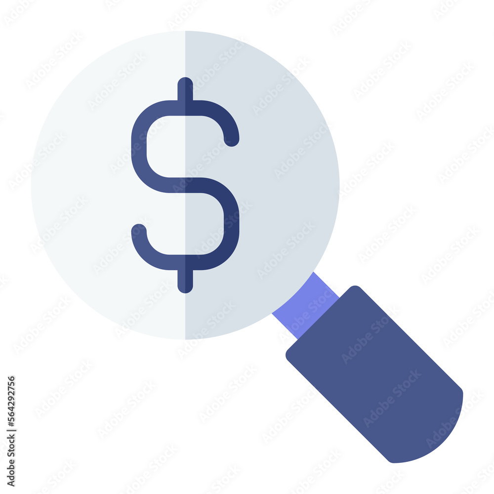 Isolated dollar symbol with magnifying glass in flat icon on white background. Business research, currency, finance, banking Isolated dollar symbol with magnifying glass in flat icon on white background. Business research, currency, finance, banking