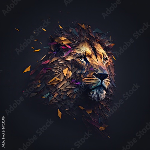Realistic Low Poly Lion Portrait, Colourful Polygonal Shapes. Ai-generative Digital Art.