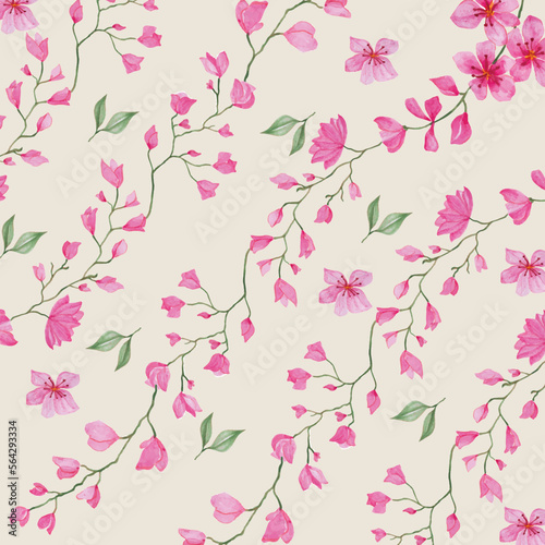 pink vector small stock flowers with brown leaves pattern on cream background.watercolor vector illustration