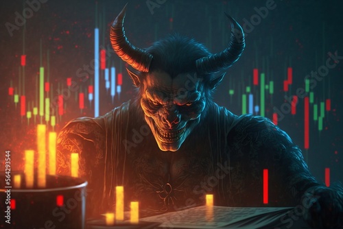 Personnage en costume avec une tête de démon devant un arrière-plan évoquant le trading - illustration ia	
