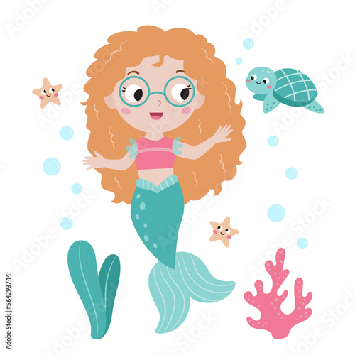 Cute mermaid with turtle, starfish and underwater plants. Flat cartoon characters. Hand drawn seaweeds and coral. Vector illustration for children books, greeting cards, poster and prints.