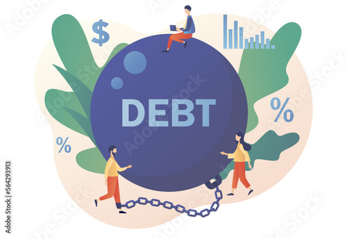 Tiny man chained by huge weight debt metal ball have financial problems. Money debts concept. Banking, bankruptcy, finance. Modern flat cartoon style. Vector illustration on white background
