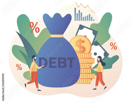 Tiny people have financial problems. Money debts concept. Banking, bankruptcy, finance. Modern flat cartoon style. Vector illustration on white background
