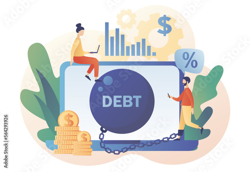 Money debts online concept. Banking, bankruptcy, finance. Tiny man chained by huge weight debt metal ball have financial problems. Modern flat cartoon style. Vector illustration on white background
