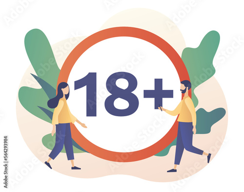 18+ restriction sign. Age limit symbol. Adult only. Prohibition sign for people under eighteen years of age. Modern flat cartoon style. Vector illustration on white background
