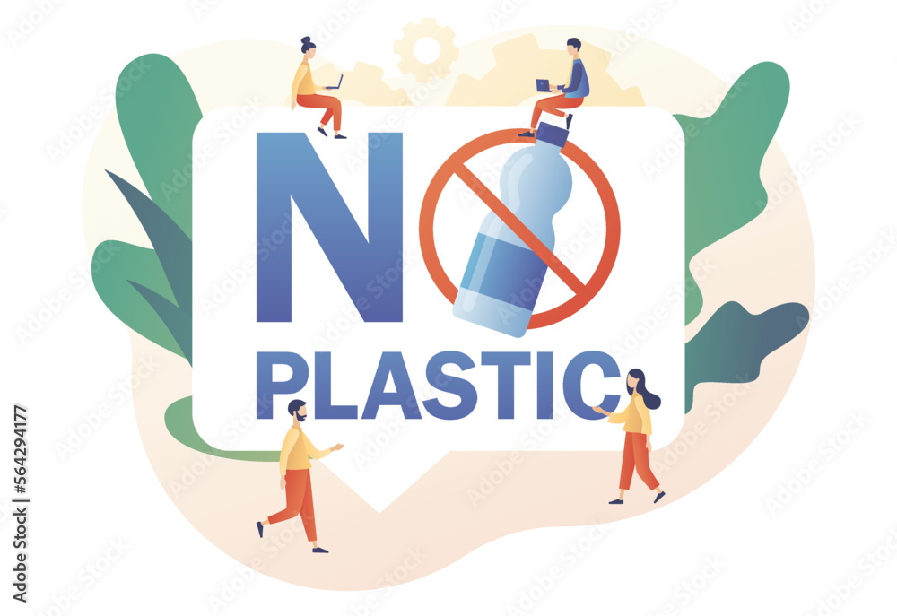 No plastic sign. Reduce pollution. Environmental concept. Tiny people protest against plastic garbage. Modern flat cartoon style. Vector illustration on white background