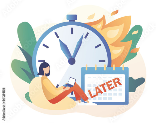 Procrastination concept. Tiny woman procrastinating instead of working. Do it later. Unprofitable time spending, useless pastime. Lazy, unproductive. Modern flat cartoon style. Vector illustration
