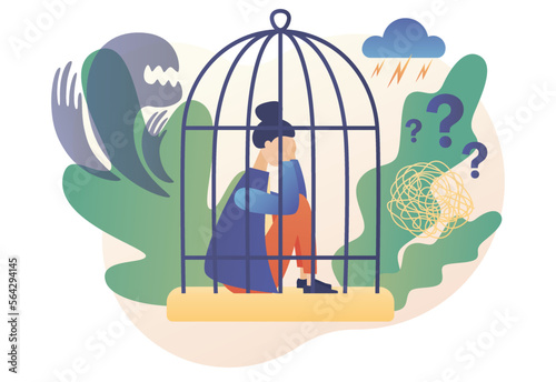 Woman in cage due inner fears. Psychology, solitude, fear or mental health problems, depression. Phobias, anxiety, panic attack. Modern flat cartoon style. Vector illustration on white background