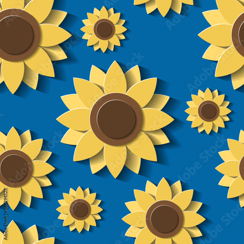 Floral seamless pattern. 3d Sunflowers on blue background. Yellow flowers in paper cut style. Vector illustration.