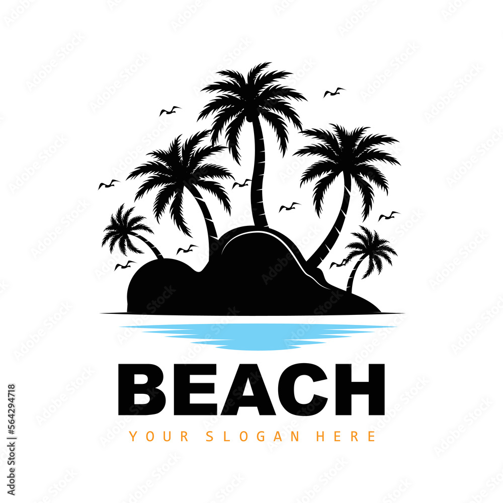 Obraz premium Coconut Tree And Beach Logo, Ocean Nature Landscape Design, Beach Icon Plant Vector
