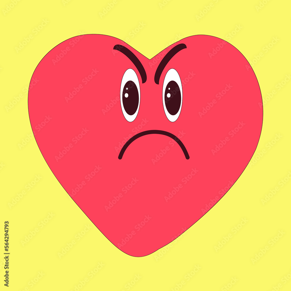 Angry red heart on yellow background. Emotional face image. Cartoon vector illustration. Angry red heart on yellow background. Emotional face image. Cartoon vector illustration.