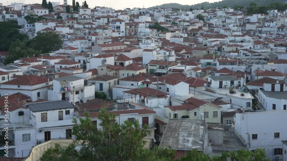 Old Port and town from elevated position at sunset, Skiathos Town, Skiathos, Sporades Islands, Greek Islands Old Port and town from elevated position at sunset, Skiathos Town, Skiathos, Sporades Islands, Greek Islands