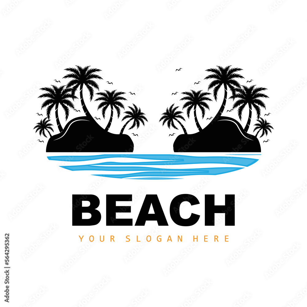 Coconut Tree And Beach Logo, Ocean Nature Landscape Design, Beach Icon Plant Vector