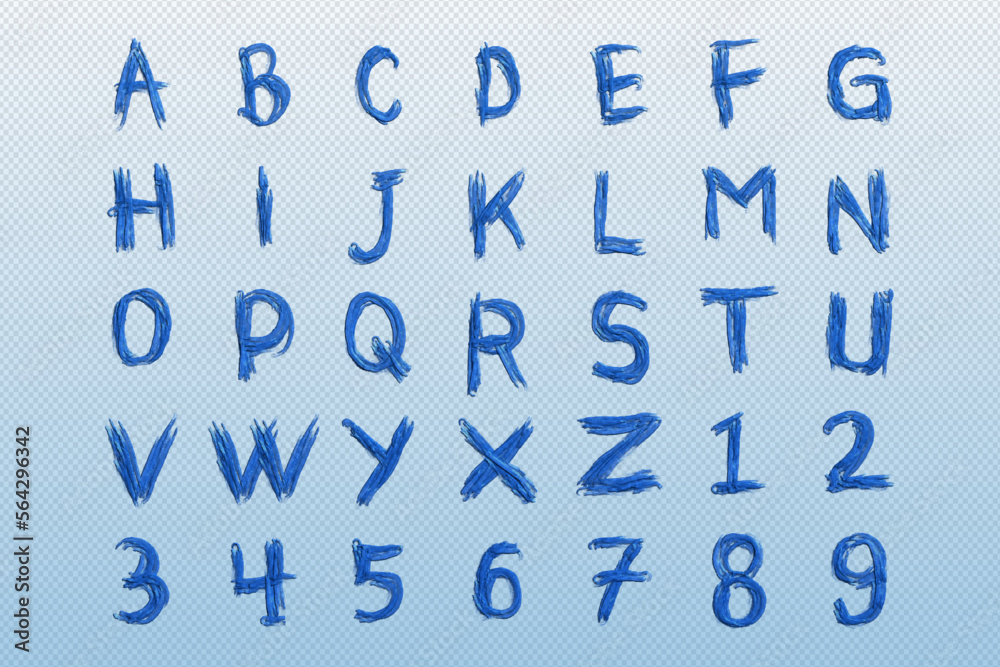 transparent blue brush paint alphabet,