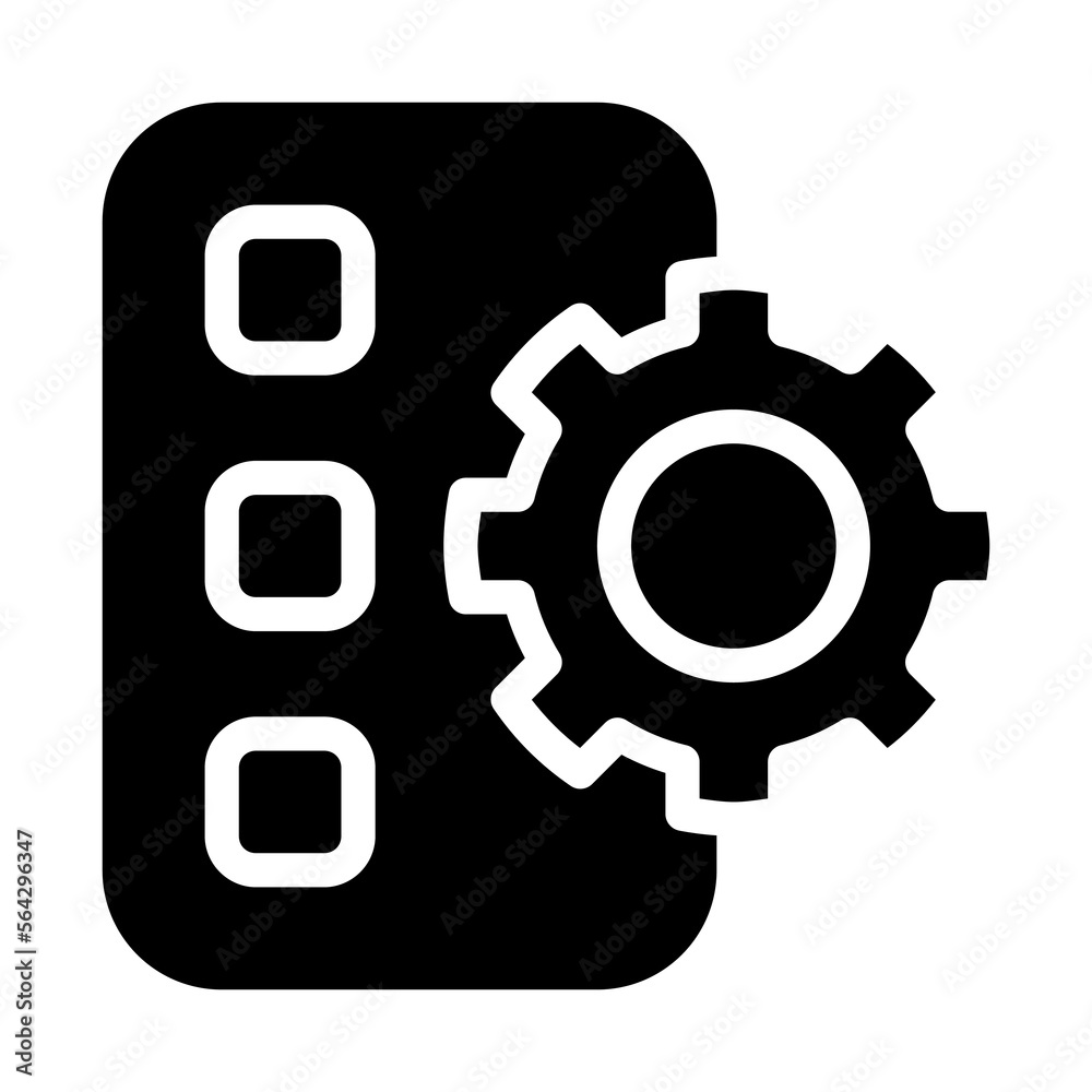 Isolated paper with cogwheel in solid glyph icon on white background. Gear, list, planning, task, management, organizer Isolated paper with cogwheel in solid glyph icon on white background. Gear, list, planning, task, management, organizer