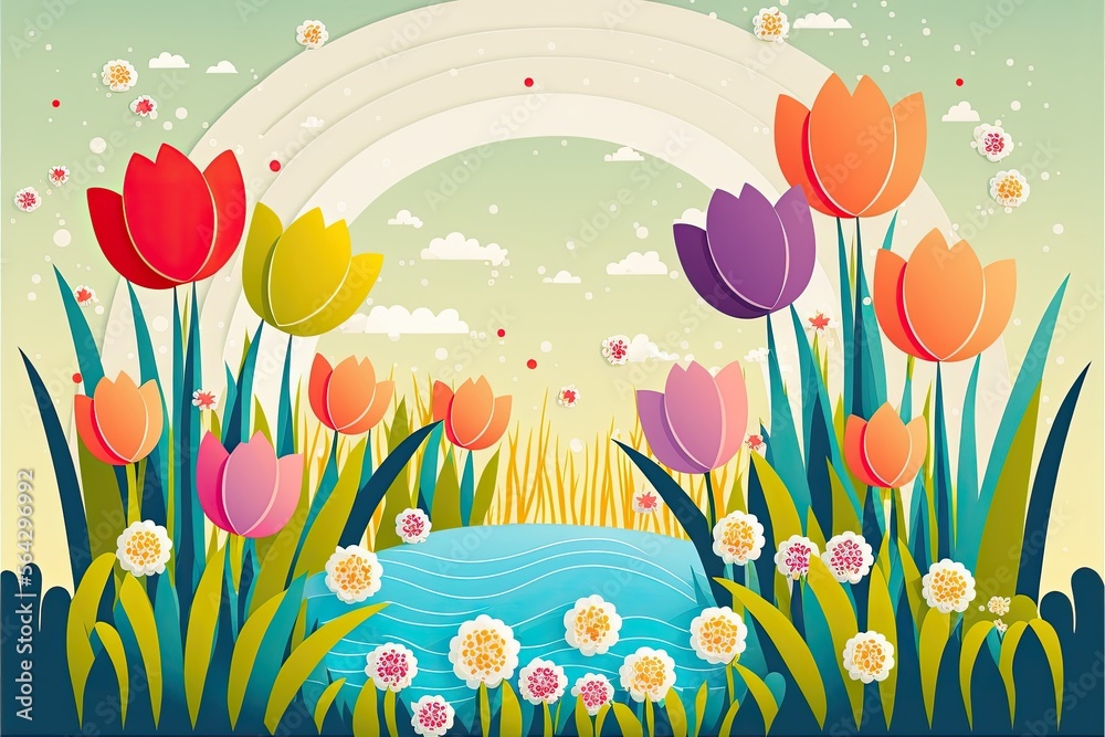 spring background with flowers, vector art, Generative AI