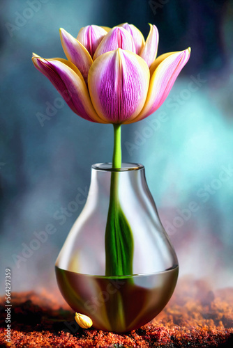 red yellow tulip in a glass vase on a table cloth with a blurry background behind them, generative AI #564297359