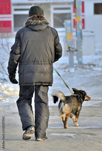 A man walks with his dog on the sidewalk on a winter day