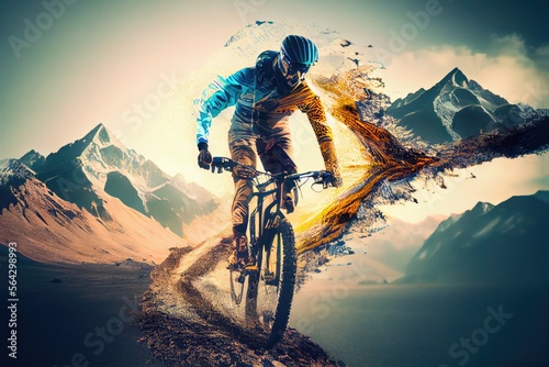multi exposure mountain biking themed sports illustration, generative ai 