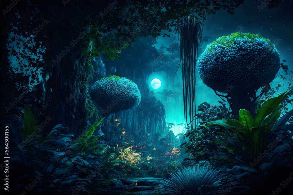 Glowing dots at plants and trees at avatar planet pandora neon glowing  insects in jungle on night Stock Illustration  Adobe Stock